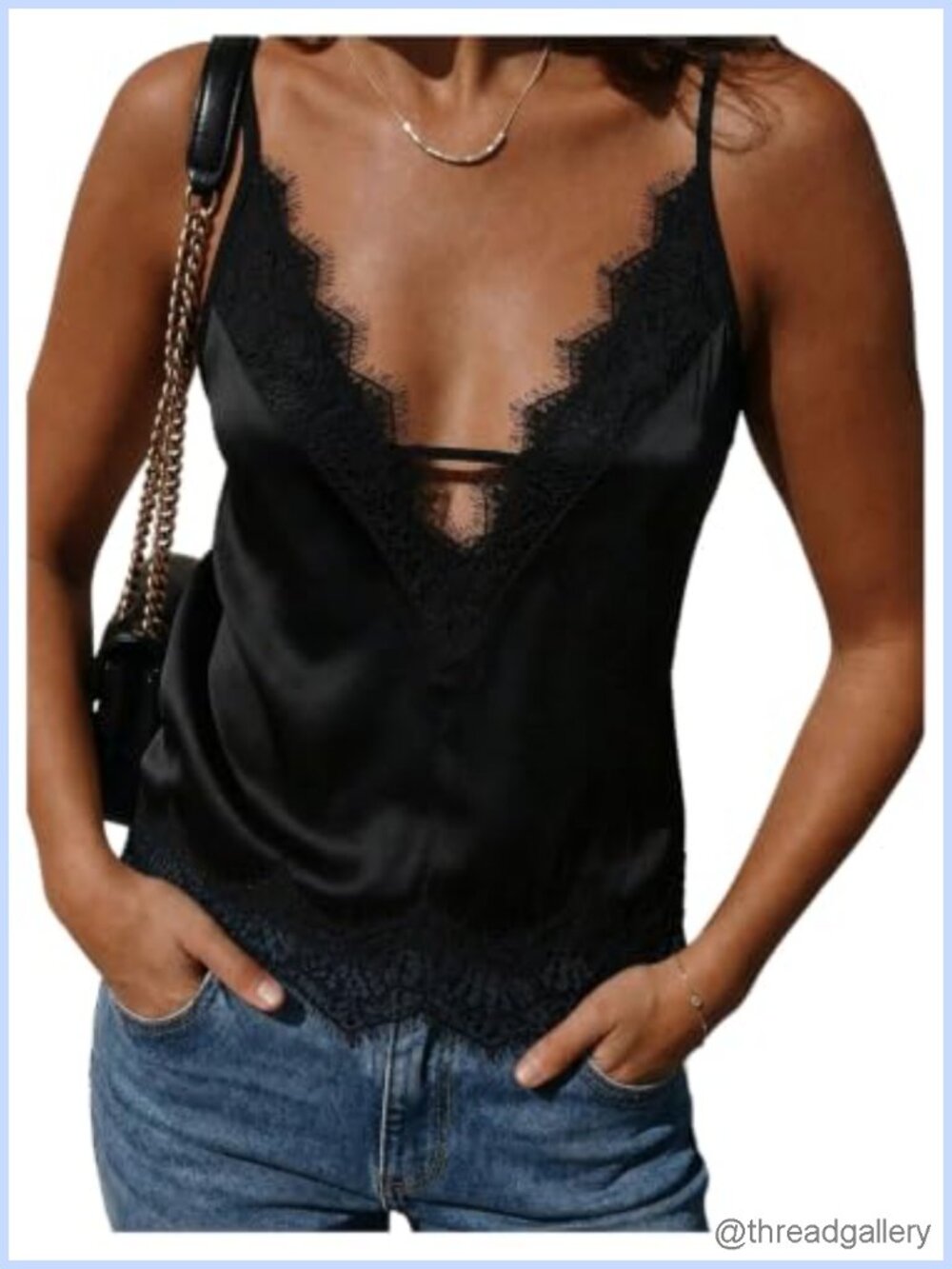 Satin Lace Trim Camisole Spaghetti Strap Sleeveless Elegant Top